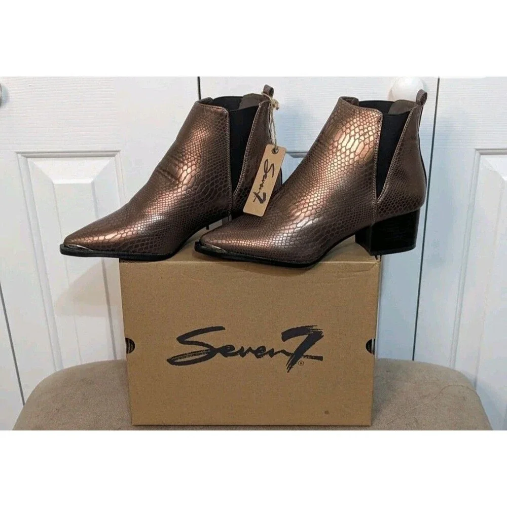 New Seven 7 Madison Python Boots Copper Tone Point Toe Chrome Accent Size 9.5